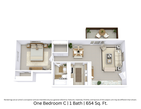 3D floor plan showing an angled view of the One Bedroom C layout with room flow and furniture arrangement across 654 Sq. Ft.